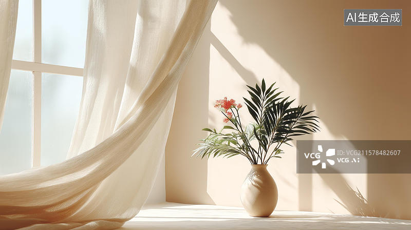 【AI数字艺术】柔和米色窗帘与花卉摆设图片素材
