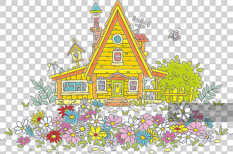 五彩缤纷的花坛和小村庄房屋图片素材