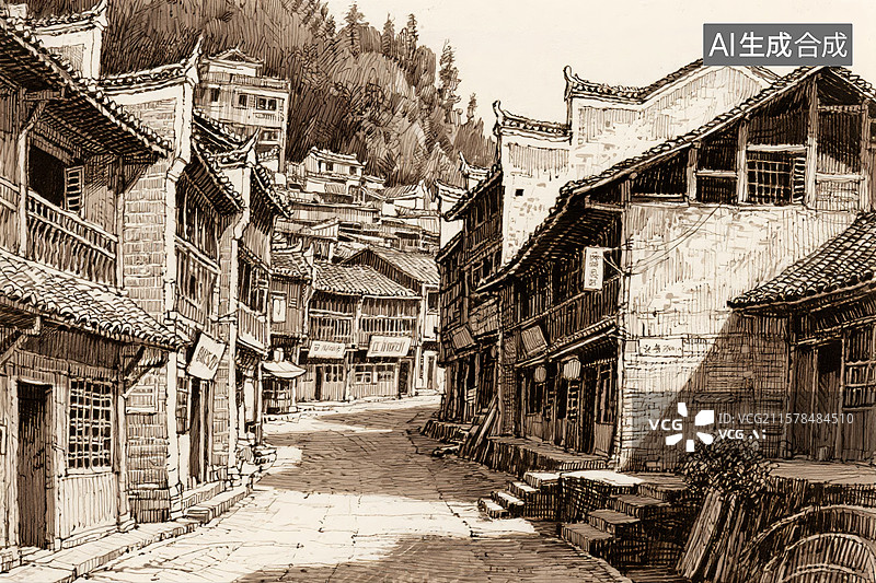 【AI数字艺术】古镇老街钢笔画图片素材