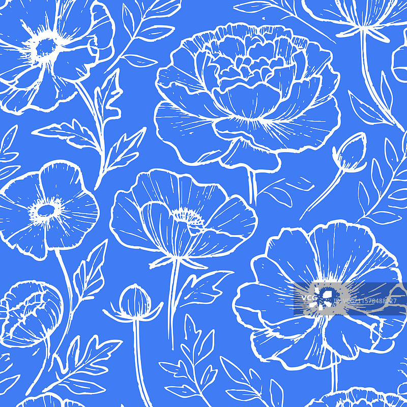 蓝色植物背景花卉印花设计图片素材