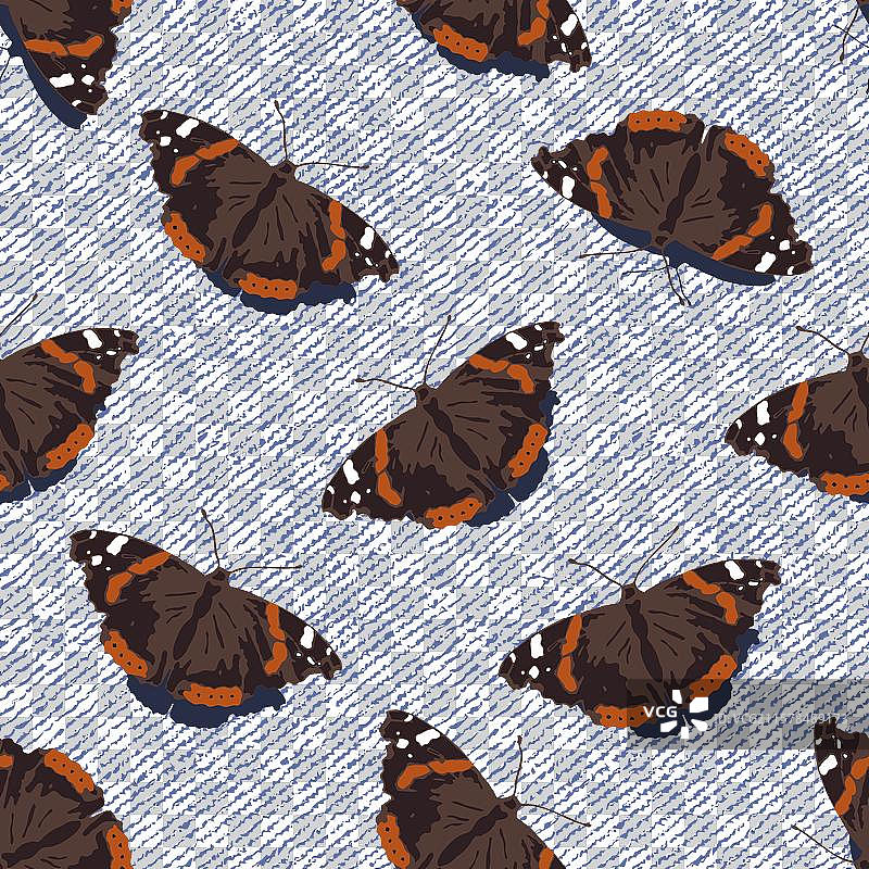无缝牛仔布图案与海军上将蝶图片素材