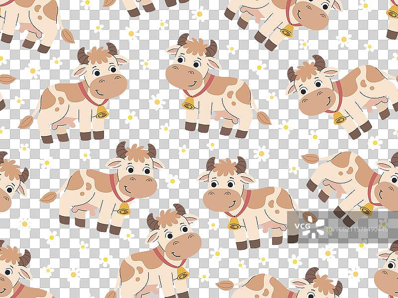 儿童卡通图案，带有可爱的牛和图片素材