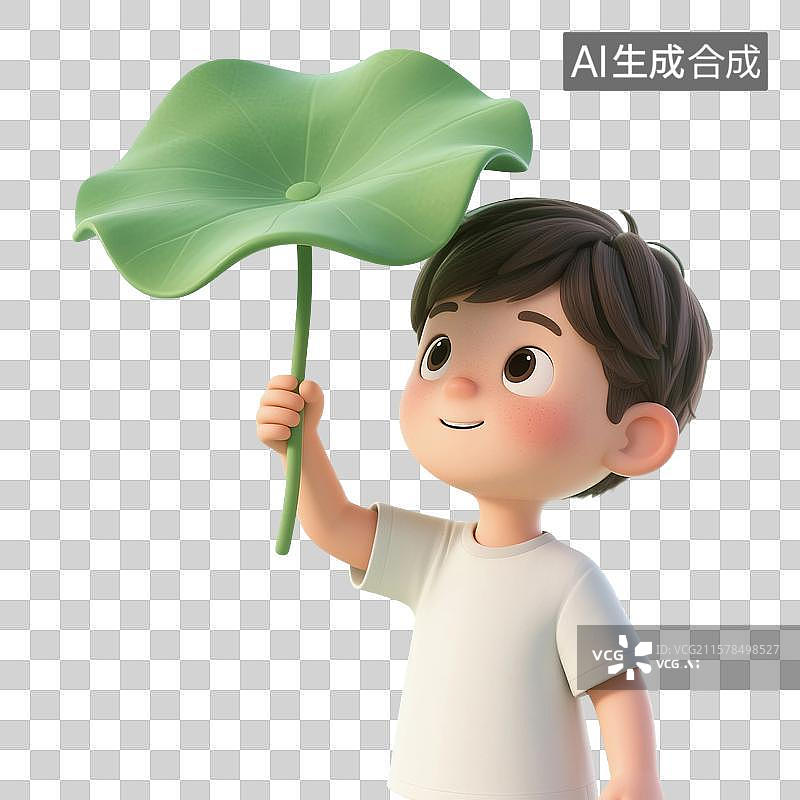 【AI数字艺术】3D渲染卡通人物，拿着荷叶的儿童，男孩，夏天人物免抠元素图片素材