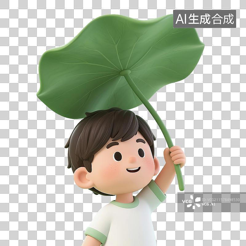 【AI数字艺术】3D渲染卡通人物，拿着荷叶的儿童，男孩，夏天人物免抠元素图片素材