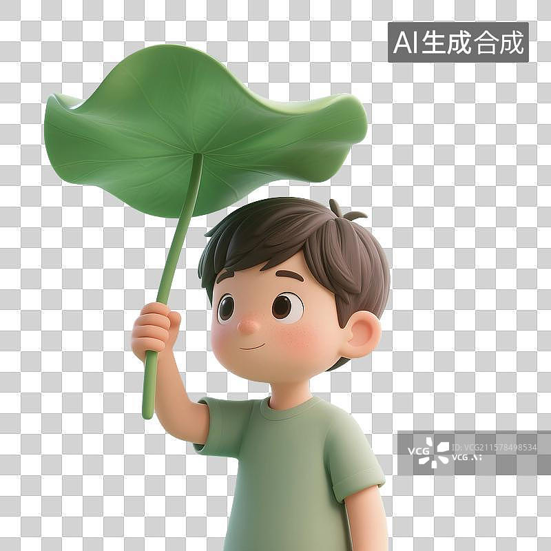 【AI数字艺术】3D渲染卡通人物，拿着荷叶的儿童，男孩，夏天人物免抠元素图片素材