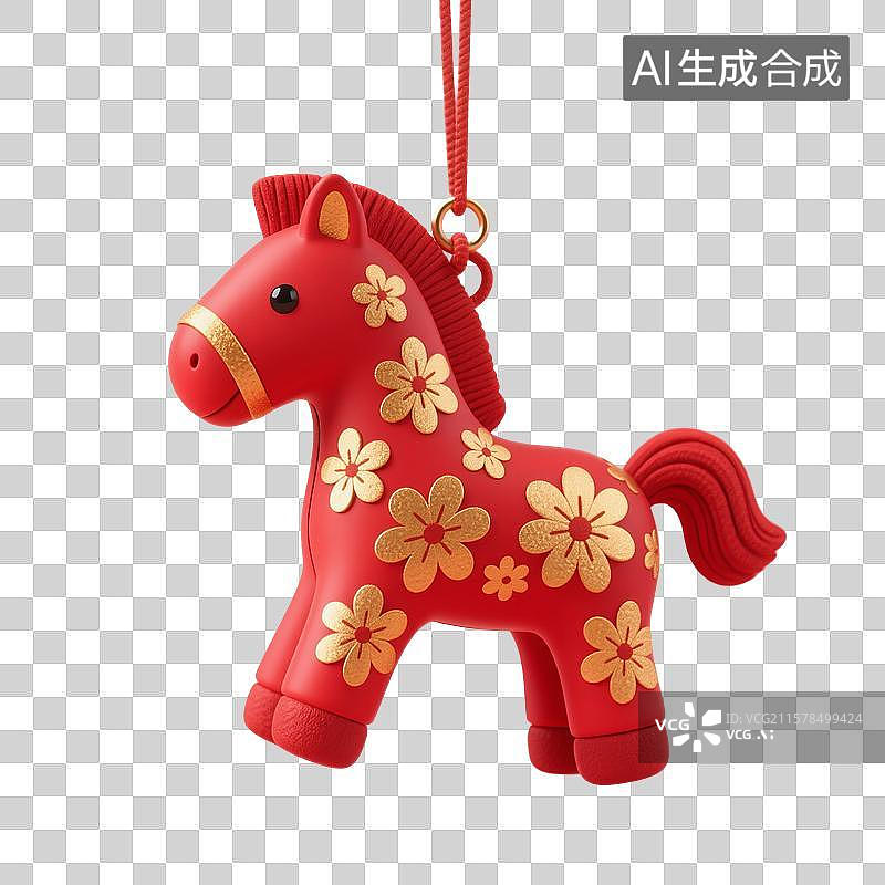 【AI数字艺术】3D渲染，中国风红色小马挂件，装饰品，马年，马，金色小马，十二生肖，免抠元素图片素材