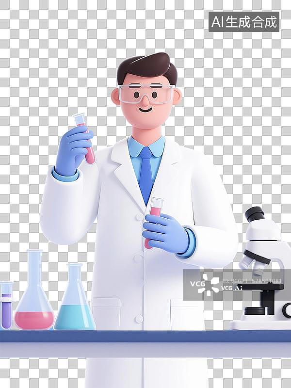 【AI数字艺术】3D渲染卡通人物，一个科研人员手里拿着试管正在做实验，实验室，研究所，博士，免抠元素图片素材