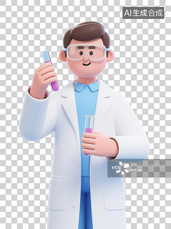 【AI数字艺术】3D渲染卡通人物，一个科研人员手里拿着试管正在做实验，实验室，研究所，博士，免抠元素图片素材