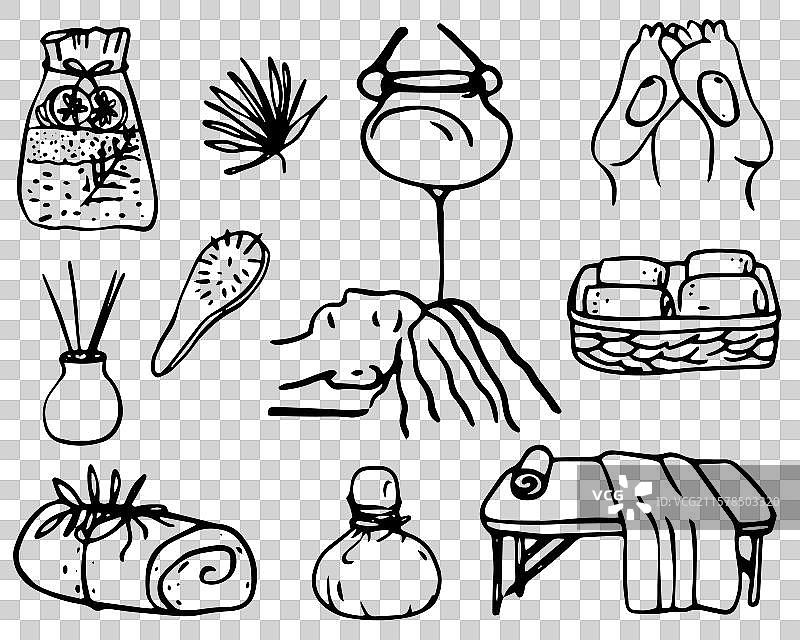 独立的水疗护理套件图标素描图片素材