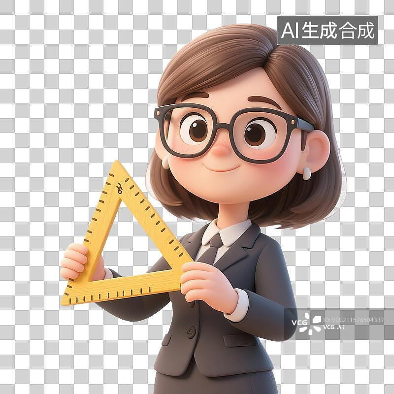 【AI数字艺术】3D渲染卡通人物，老师，教师，数学老师拿着三角板，工作，职业，劳动节，免抠元素图片素材