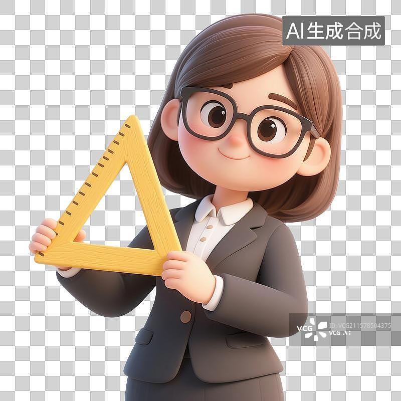 【AI数字艺术】3D渲染卡通人物，老师，教师，数学老师拿着三角板，工作，职业，劳动节，免抠元素图片素材