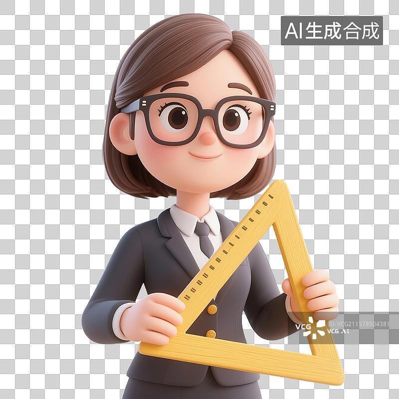 【AI数字艺术】3D渲染卡通人物，老师，教师，数学老师拿着三角板，工作，职业，劳动节，免抠元素图片素材