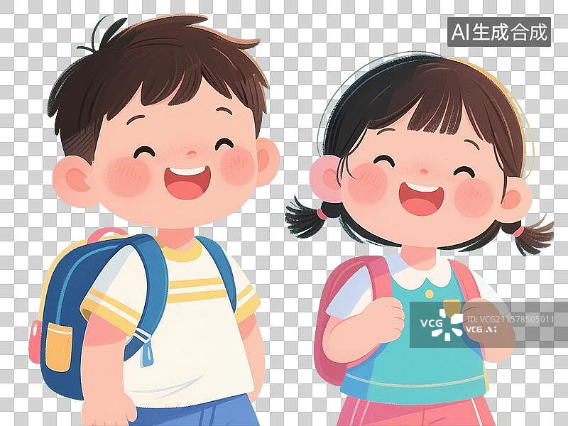 【AI数字艺术】手绘插画，背着书包的两个小学生，儿童，童年，儿童节，二孩家庭，免抠元素图片素材