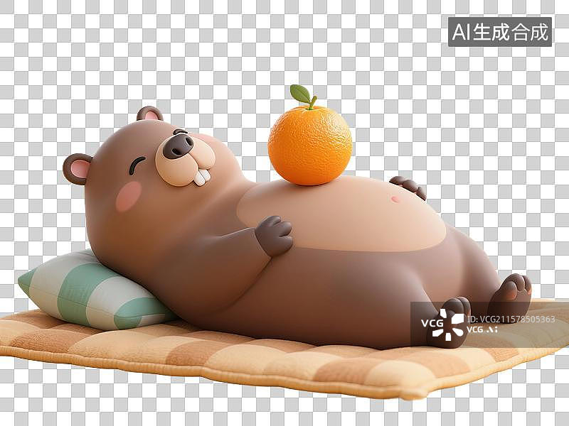 【AI数字艺术】3D渲染卡通动物，水豚，卡皮巴拉躺平，休息，睡觉的水豚，秋天，冬天，免抠元素图片素材