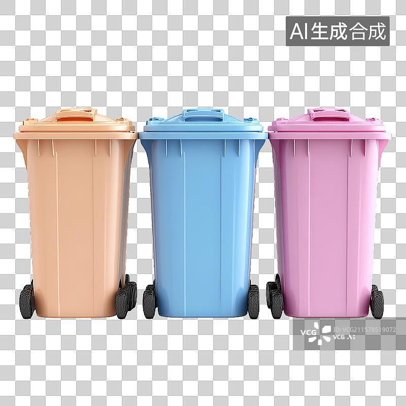 【AI数字艺术】三只彩色带轮垃圾桶并排展示图片素材