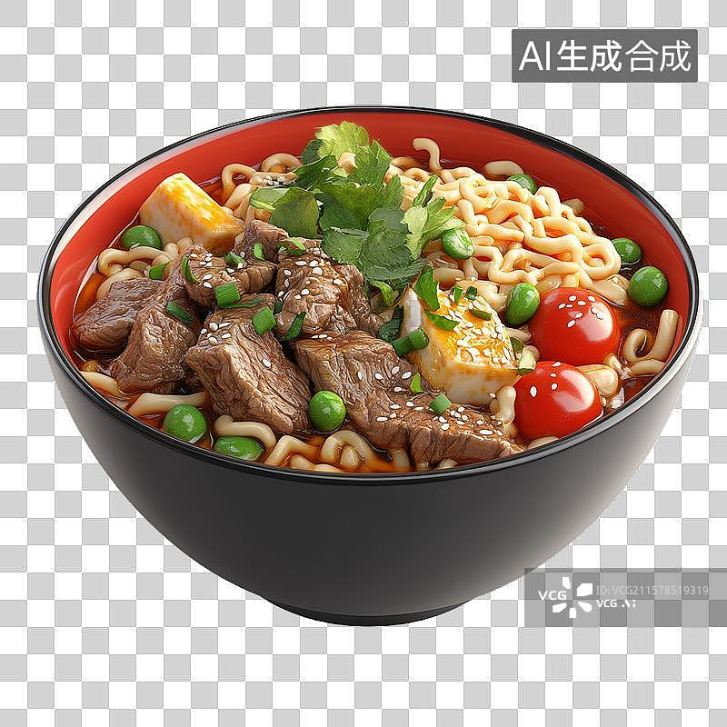 【AI数字艺术】牛肉面碗装，配蔬菜和调味料图片素材
