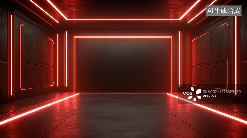【AI数字艺术】红色发光现代建筑室内空间图片素材