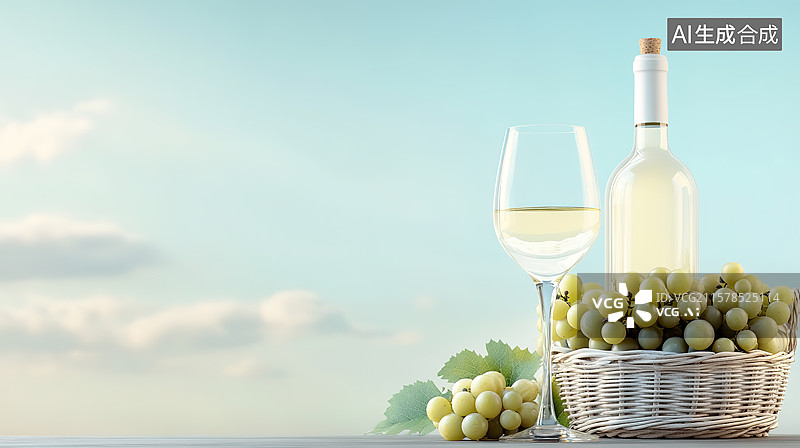 【AI数字艺术】葡萄酒庄园和白葡萄酒广告展示特写图片素材