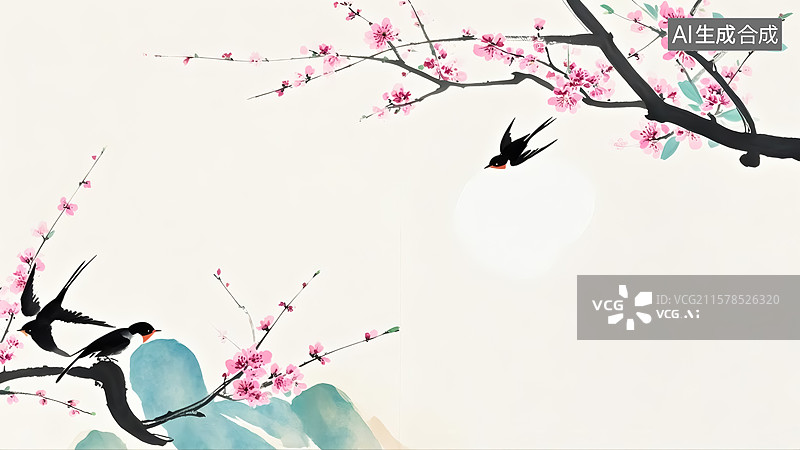 【AI数字艺术】春天桃花燕子水墨风格插画图片素材
