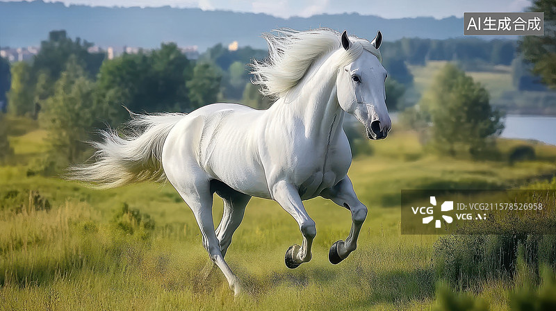 【AI数字艺术】白色骏马在草原上奔跑图片素材