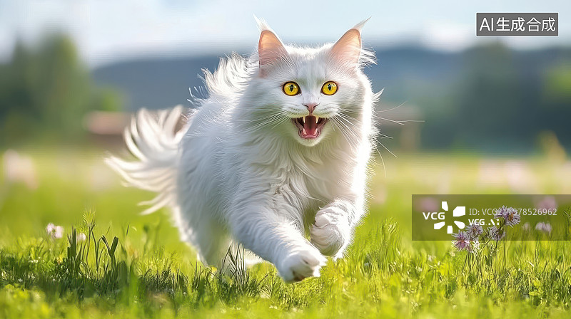 【AI数字艺术】白色长毛猫在草地上奔跑图片素材