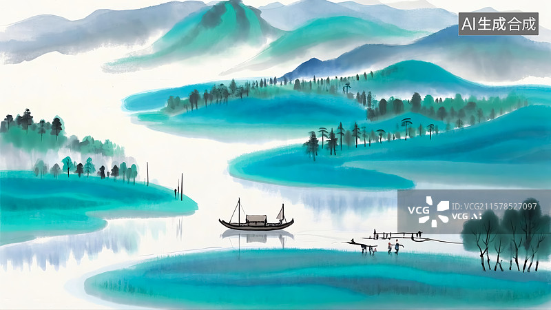 【AI数字艺术】山水渔船风景写意插画图片素材