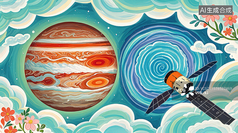 【AI数字艺术】太空探测器飞越木星与神秘漩涡图片素材