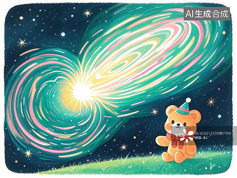 【AI数字艺术】星空下的小熊与星系图片素材