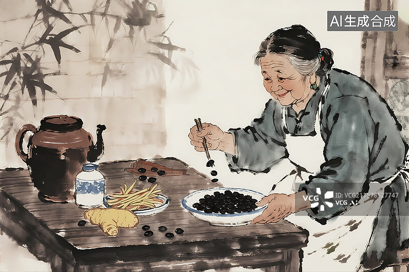 【AI数字艺术】老奶奶熬粥黑豆养生中国画中医理念图片素材