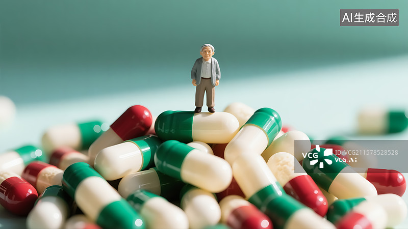 【AI数字艺术】老人站在胶囊药物上三维插画图片素材