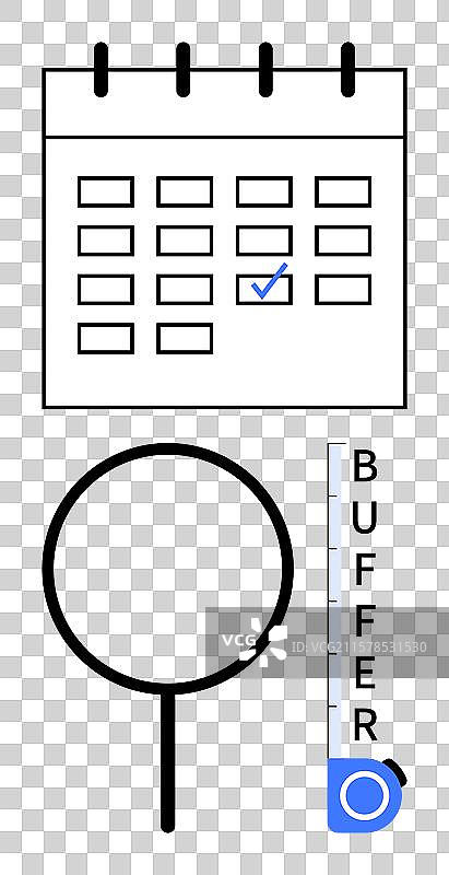 日历上检查的日程安排，带有缓冲测量仪和图片素材