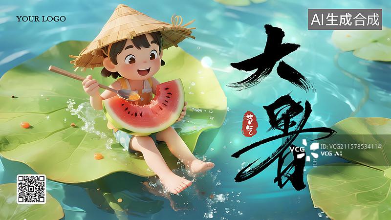 【AI数字艺术】大暑节气荷叶西瓜女孩海报图片素材