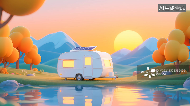 【AI数字艺术】带太阳能电池板的房车插画图片素材