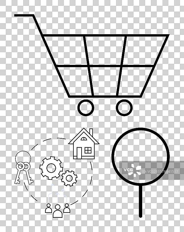 购物车房地产图标和放大镜图片素材