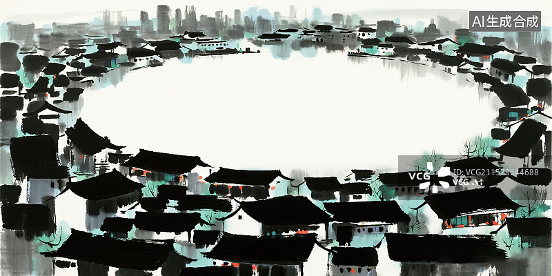【AI数字艺术】中国风水墨画背景板中间留白，白墙黑瓦江南水乡风格城市建筑群新国风墨色淡彩中国画大写意没骨画禅意装饰画图片素材
