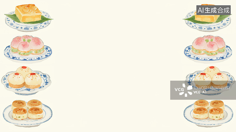 【AI数字艺术】2D卡通两侧背景趣味扁平元素，新国风中式下午茶早茶加餐蛋糕糕点心面包咖啡茶饮美食小吃聚会菜单包装手绘插图图片素材