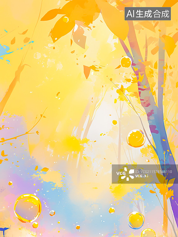 【AI数字艺术】深夏初秋季节自然风景清新唯美手绘厚涂插画高饱和鲜艳色彩光影感 森林树林金黄色树叶秋叶露水水珠飘在半空图片素材
