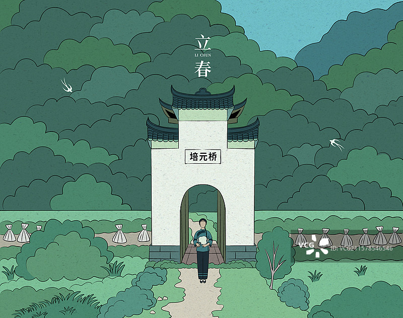 永州乡村勾蓝瑶寨培元桥春天插画图片素材