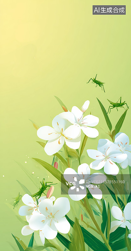 【AI数字艺术】绿意盎然的白色花朵与昆虫图片素材