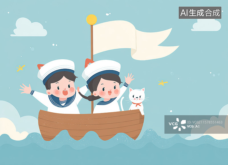 【AI数字艺术】两个孩子和猫咪在海上划船图片素材