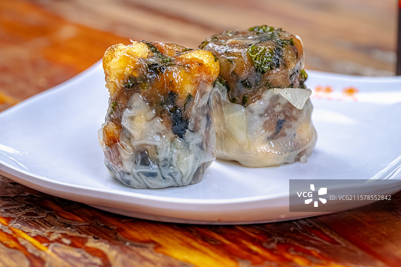 沙县小吃 甜烧麦 用轻薄的面皮包裹猪油海菜肉松 佳兰烧麦 福建省三明市旅游 舌尖上的中国 风味人间图片素材