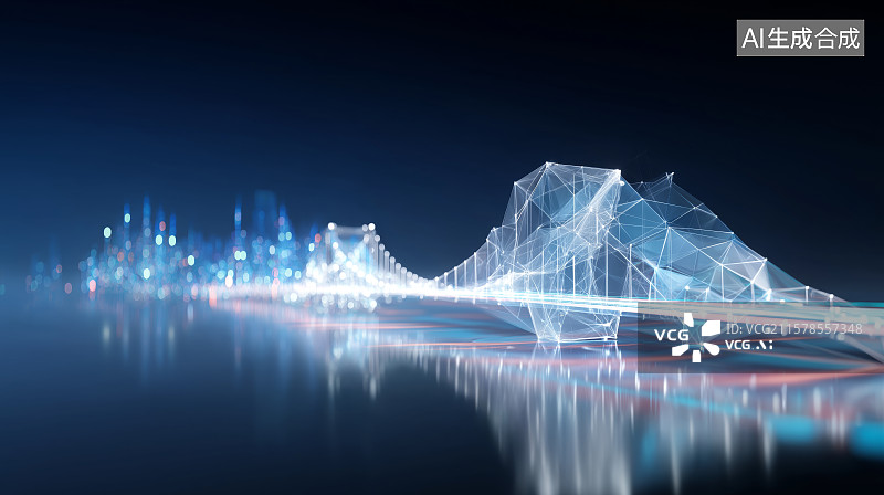 【AI数字艺术】赛博朋克科技背景——抽象发光跨海大桥图片素材