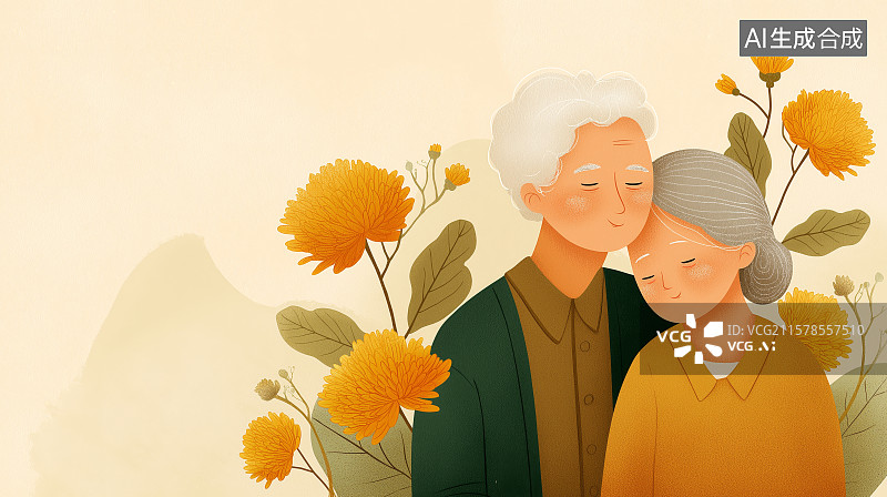 【AI数字艺术】重阳节主题插画——一对恩爱的老年夫妻和菊花图片素材