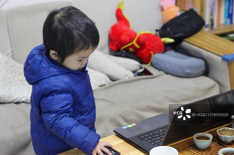 四岁的小男孩在玩笔记本电脑图片素材