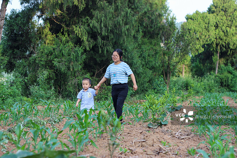 四岁小男孩和母亲在南充升钟湖风景区农家农田里行走图片素材