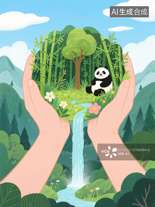 【AI数字艺术】绿色环保环境一双手向上托举着森林瀑布草地熊猫图片素材