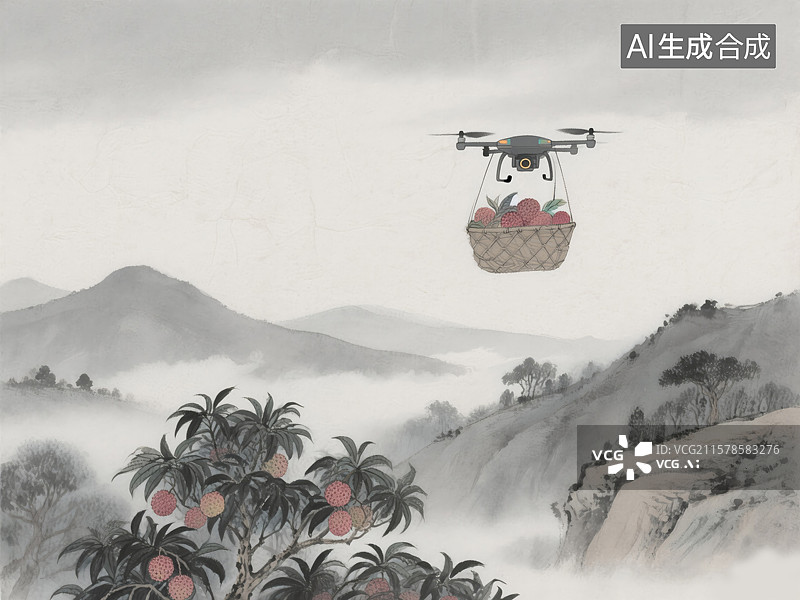 【AI数字艺术】创新乡村振兴低空经济水彩插画广西山区无人机运输荔枝农业科技与经济发展主题的抽象商业背景图片素材