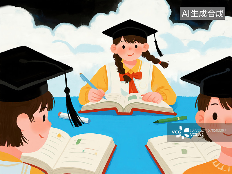 【AI数字艺术】活力毕业季抽象商业背景充满活力学生水彩艺术插画蓝天白云书本毕业帽教育海报和庆祝图片素材
