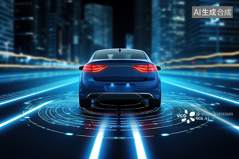 【AI数字艺术】城市公路上自动驾驶的电动车——汽车自动驾驶激光雷达概念图片素材