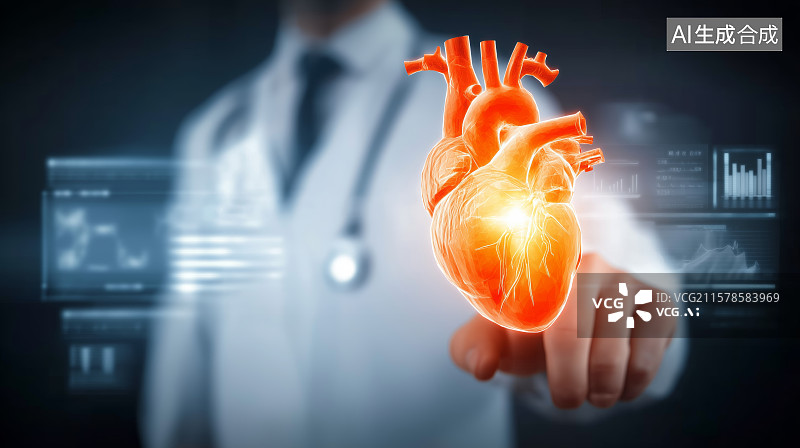 【AI数字艺术】医生与3D心脏透视图交互的先进数字化医疗插画图片素材